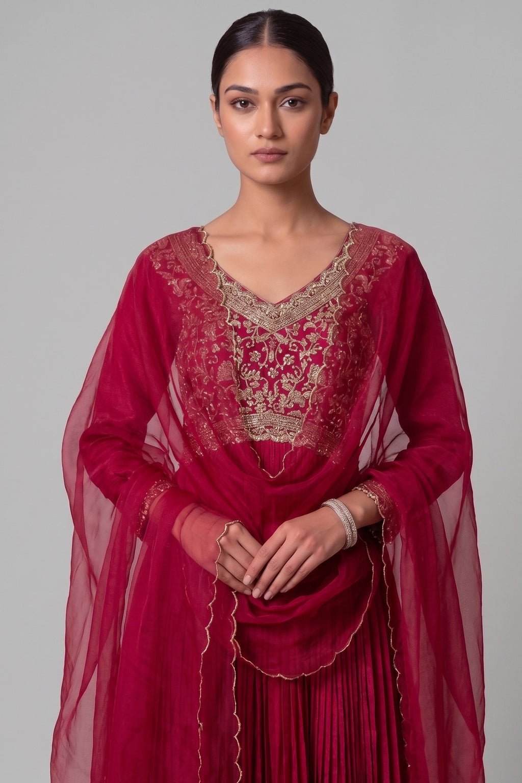 Maroon Chinon Silk Flared Embroidered Anarkali Suit