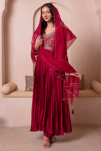 Maroon Chinon Silk Flared Embroidered Anarkali Suit