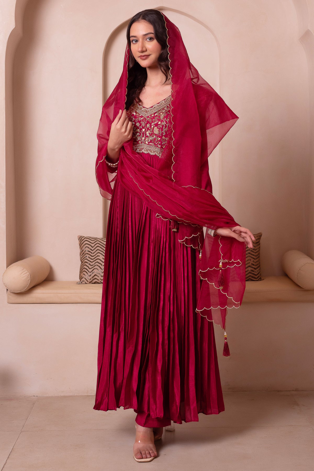 Maroon Chinon Silk Flared Embroidered Anarkali Suit
