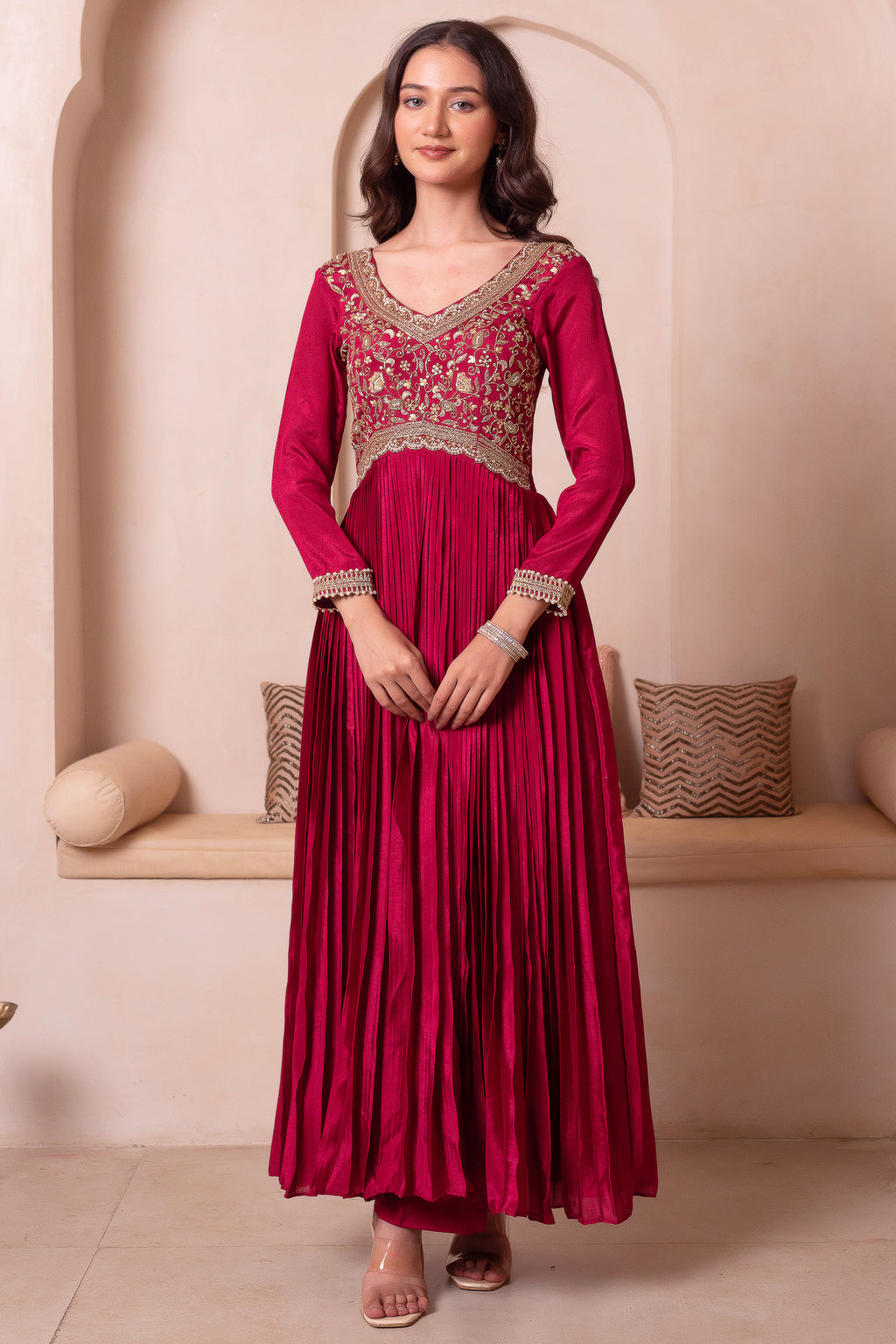 Maroon Chinon Silk Flared Embroidered Anarkali Suit