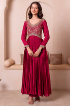 Maroon Chinon Silk Flared Embroidered Anarkali Suit
