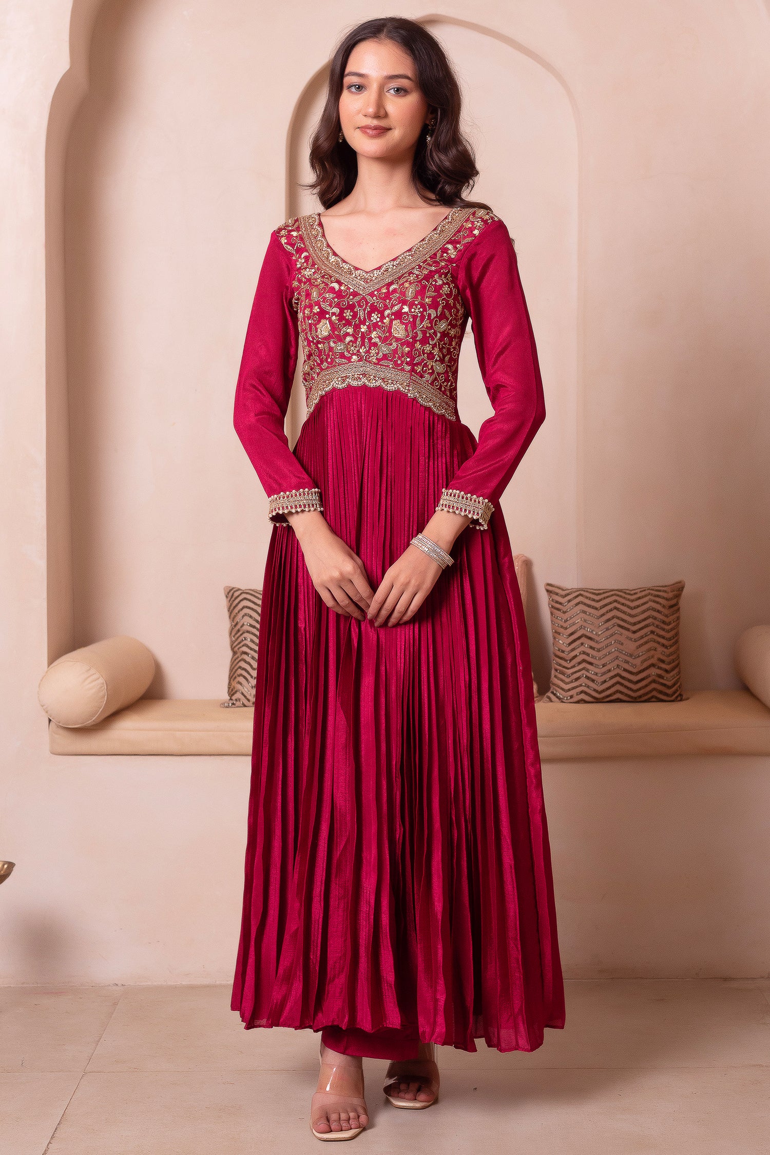 Maroon Chinon Silk Flared Embroidered Anarkali Suit