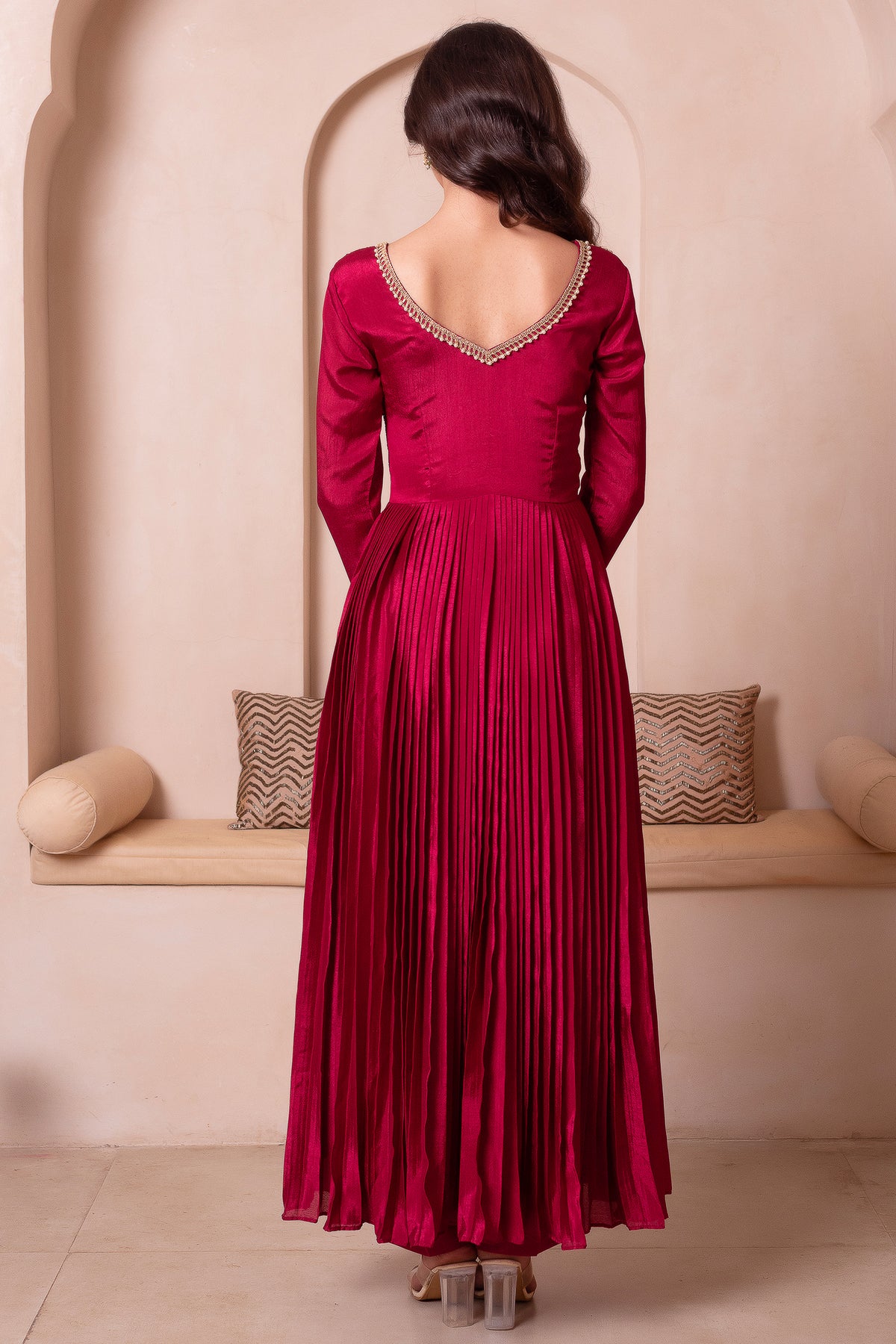 Maroon Chinon Silk Flared Embroidered Anarkali Suit