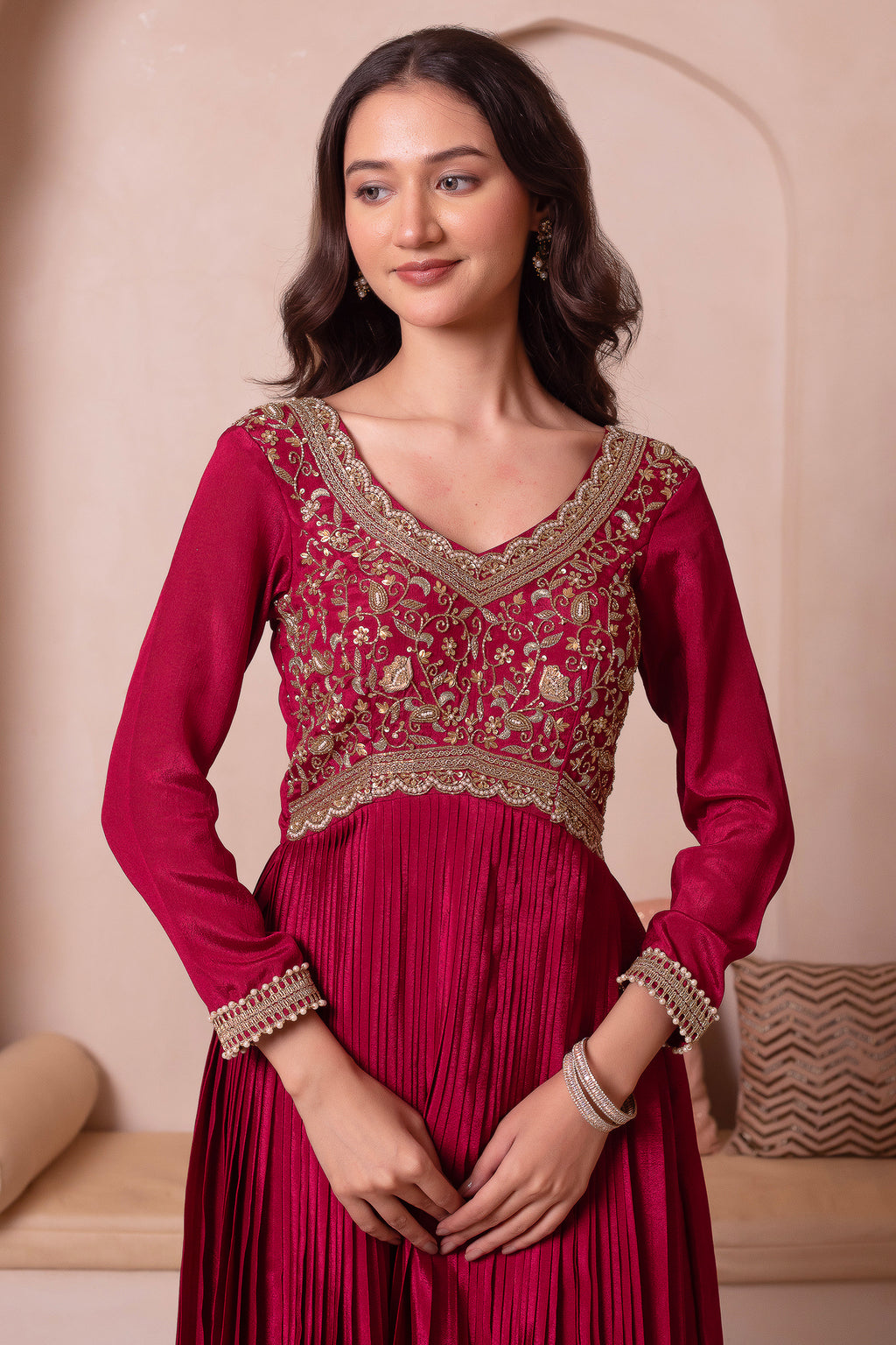 Maroon Chinon Silk Flared Embroidered Anarkali Suit