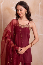 Wine Maroon Crepe Noodle Strap Sharara Suit