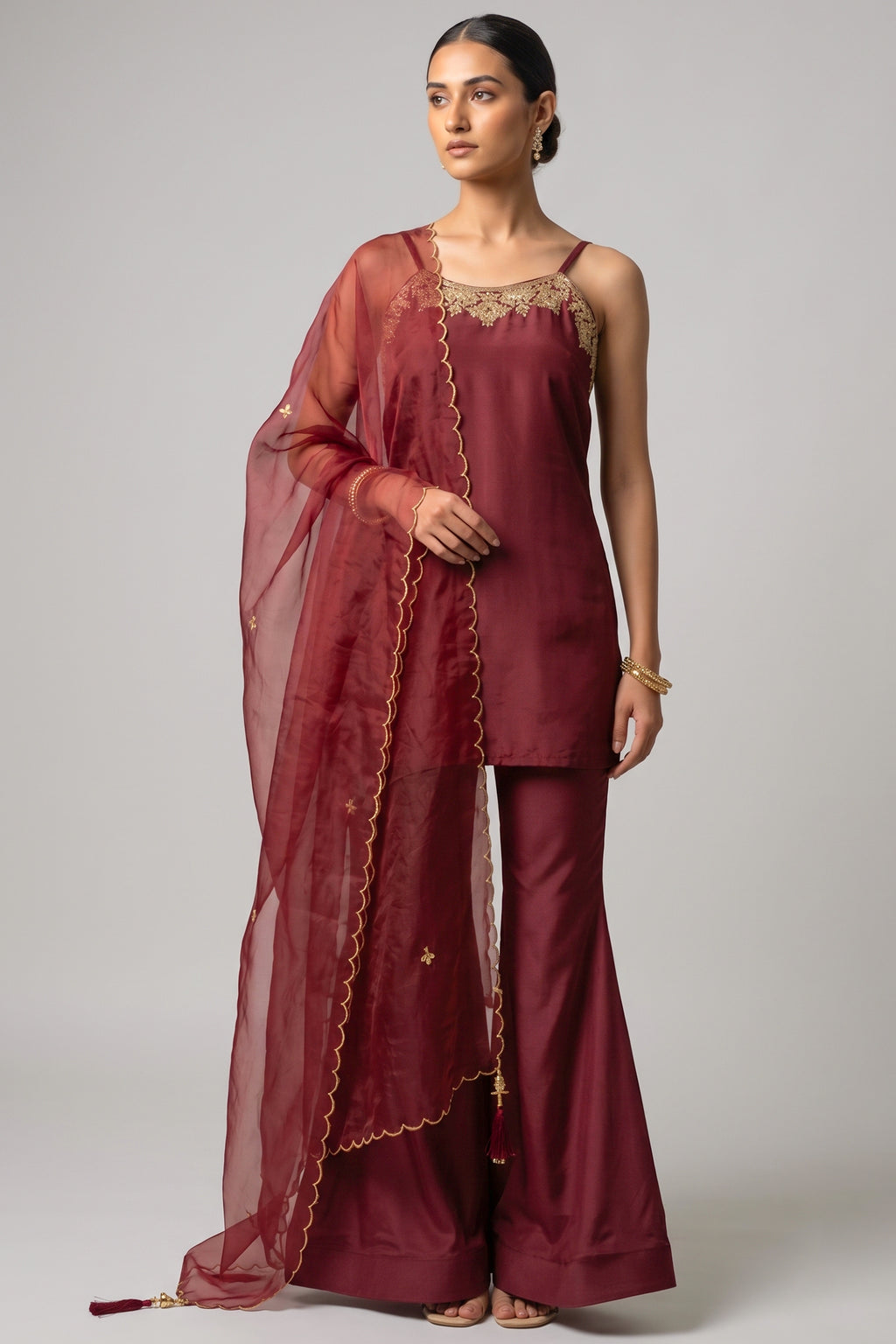 Wine Maroon Crepe Noodle Strap Sharara Suit