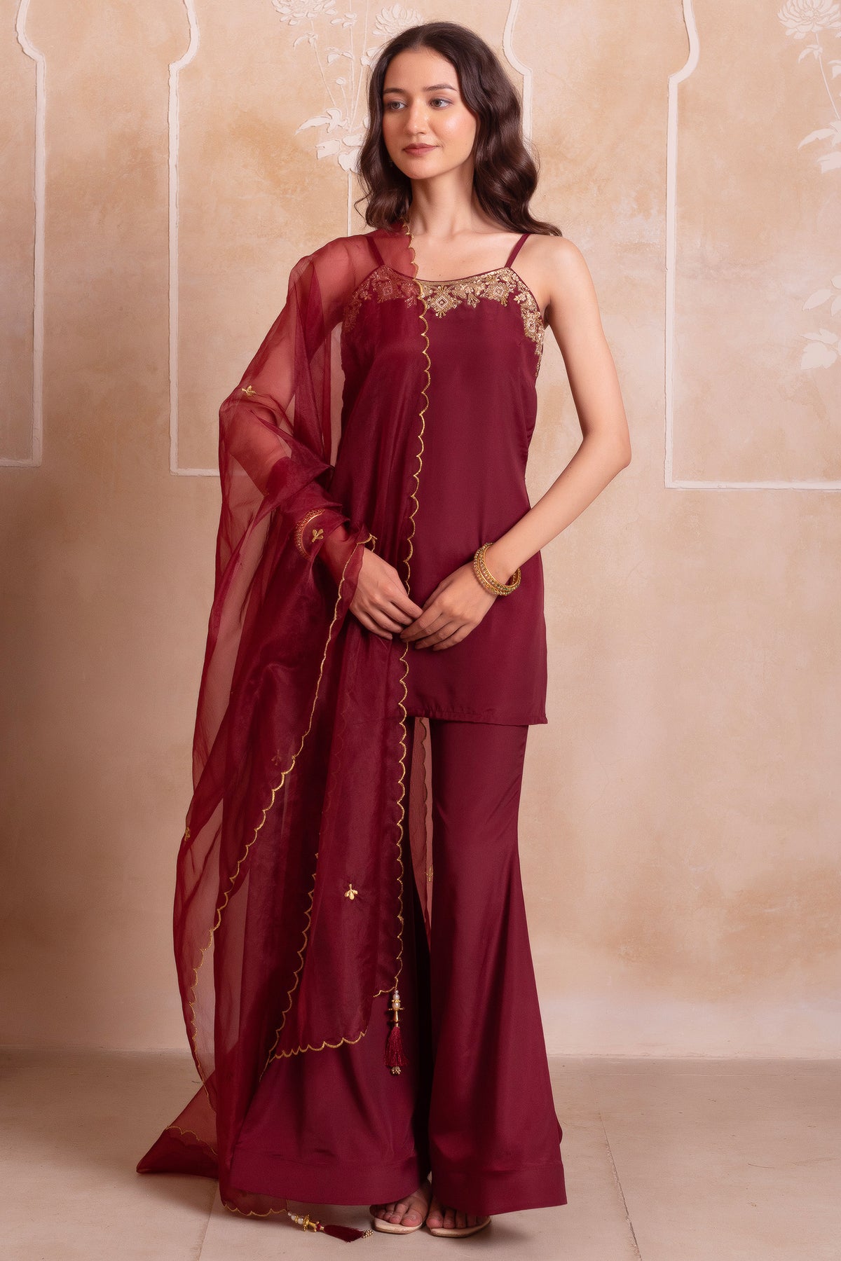 Wine Maroon Crepe Noodle Strap Sharara Suit