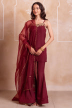 Wine Maroon Crepe Noodle Strap Sharara Suit