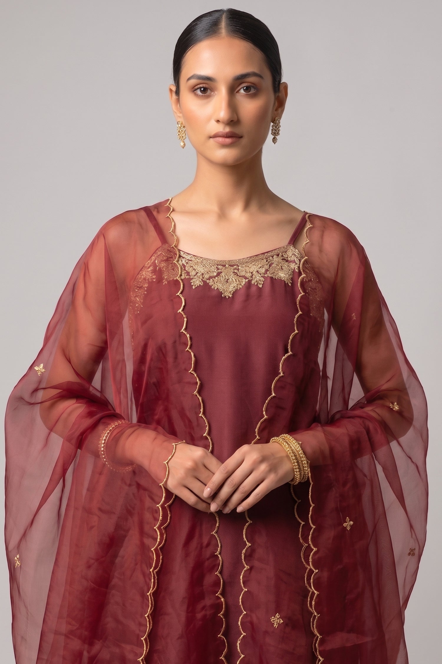 Wine Maroon Crepe Noodle Strap Sharara Suit