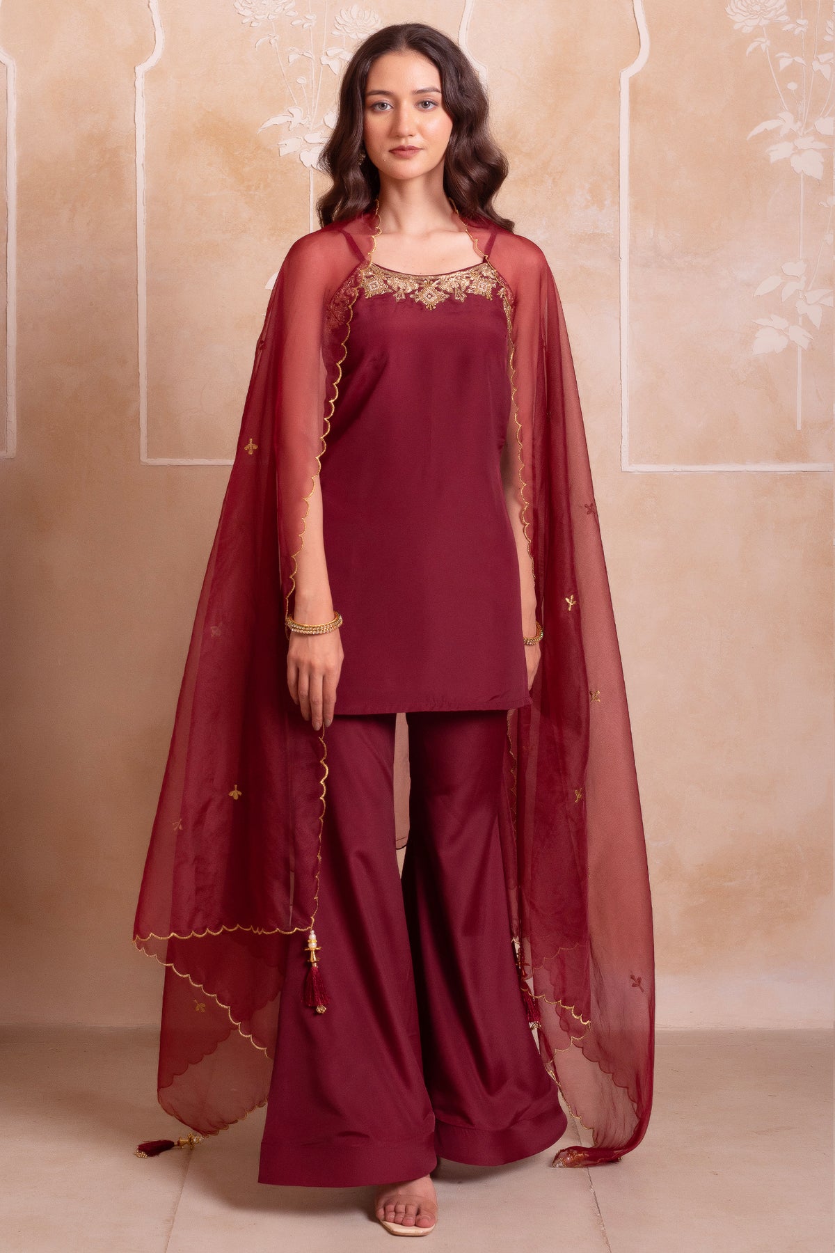 Wine Maroon Crepe Noodle Strap Sharara Suit