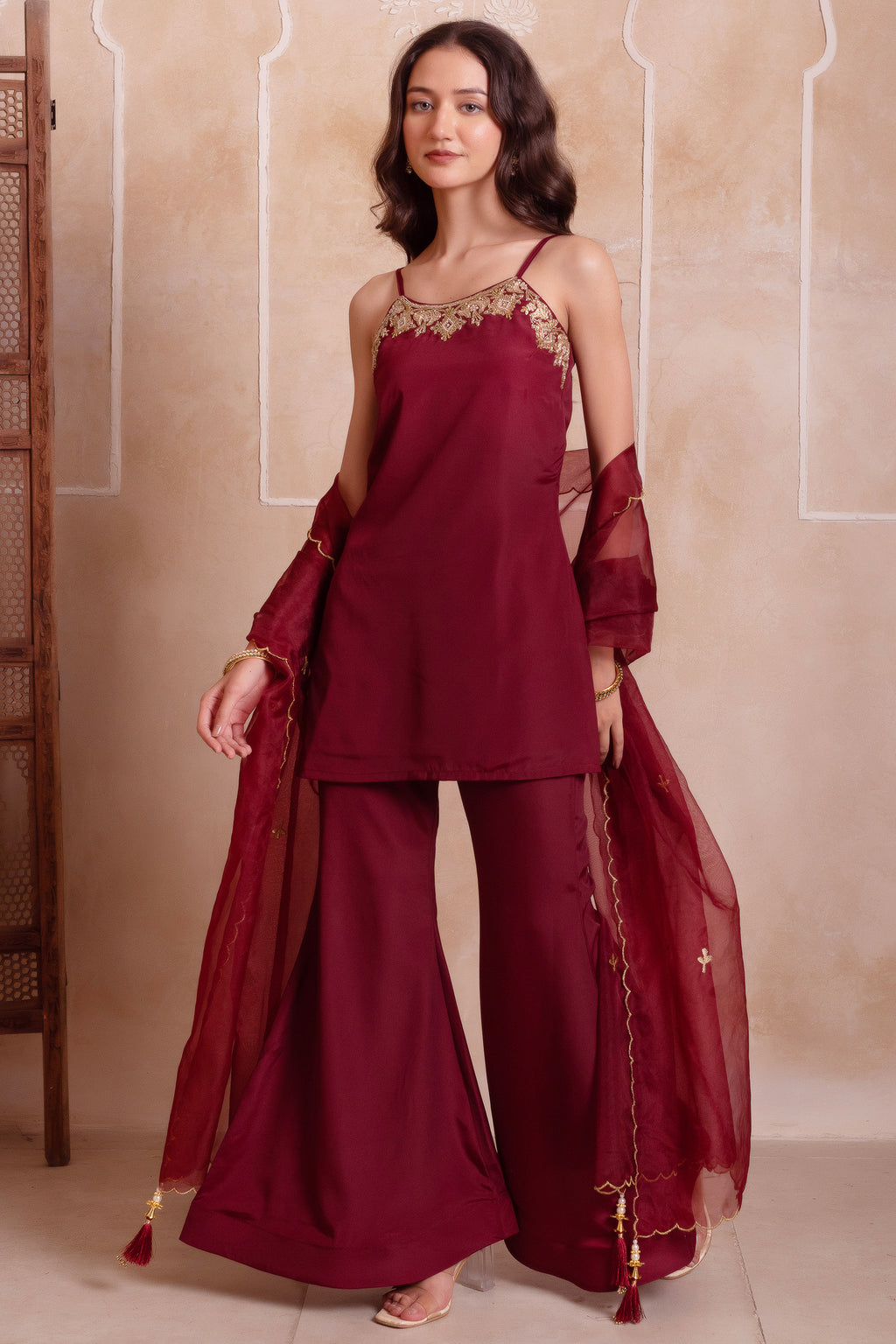 Wine Maroon Crepe Noodle Strap Sharara Suit