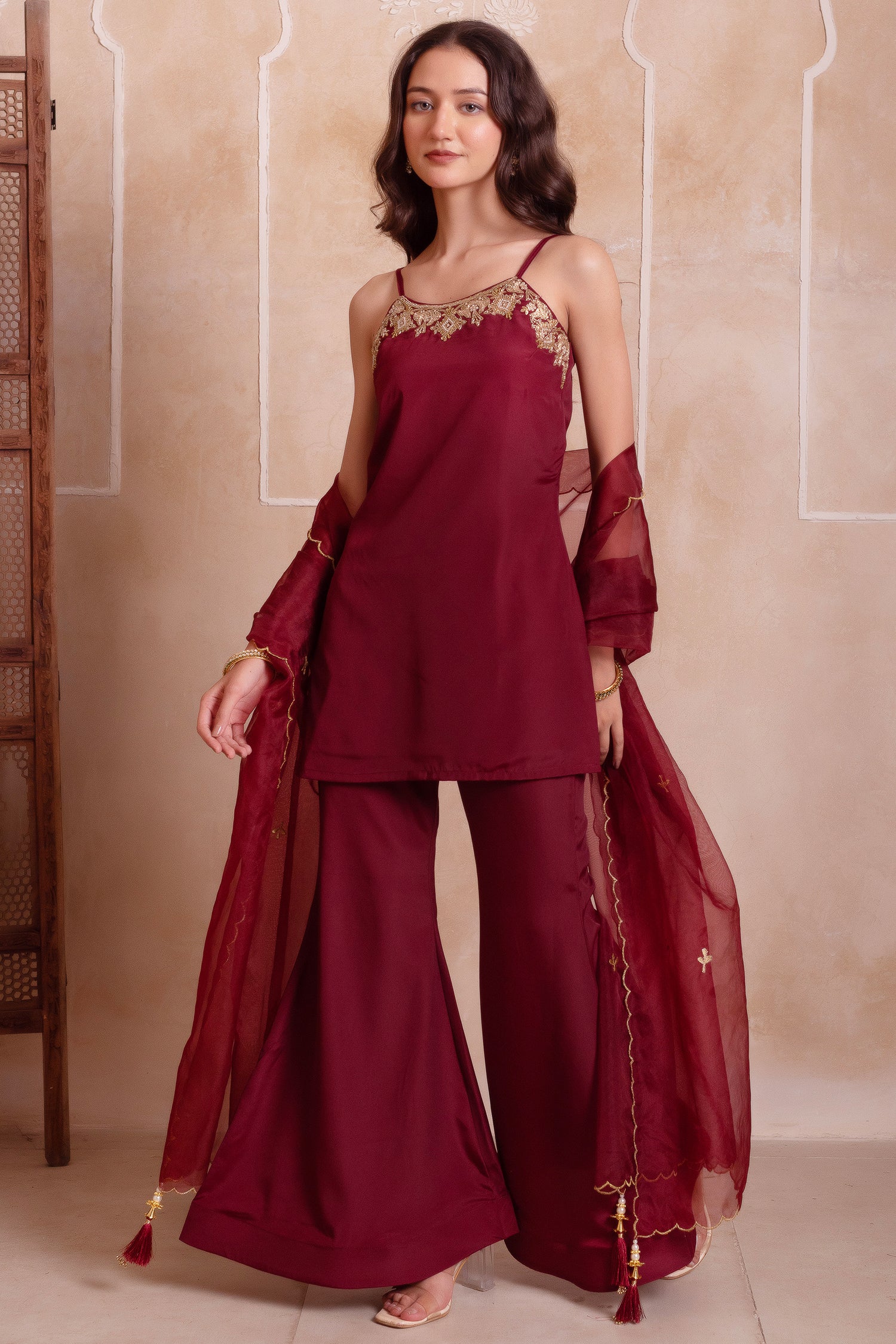 Wine Maroon Crepe Noodle Strap Sharara Suit