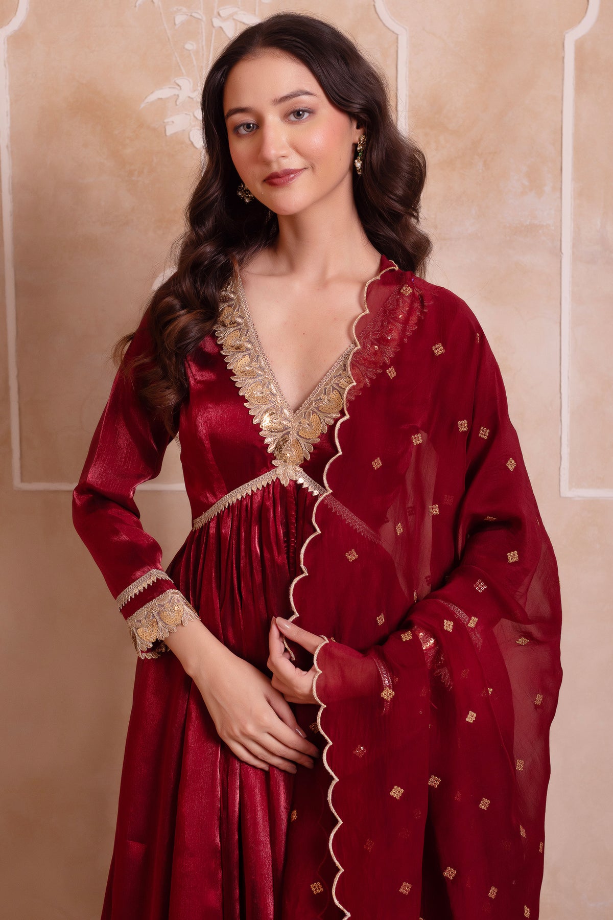 Deep Maroon Organza Embroidered Anarkali Suit