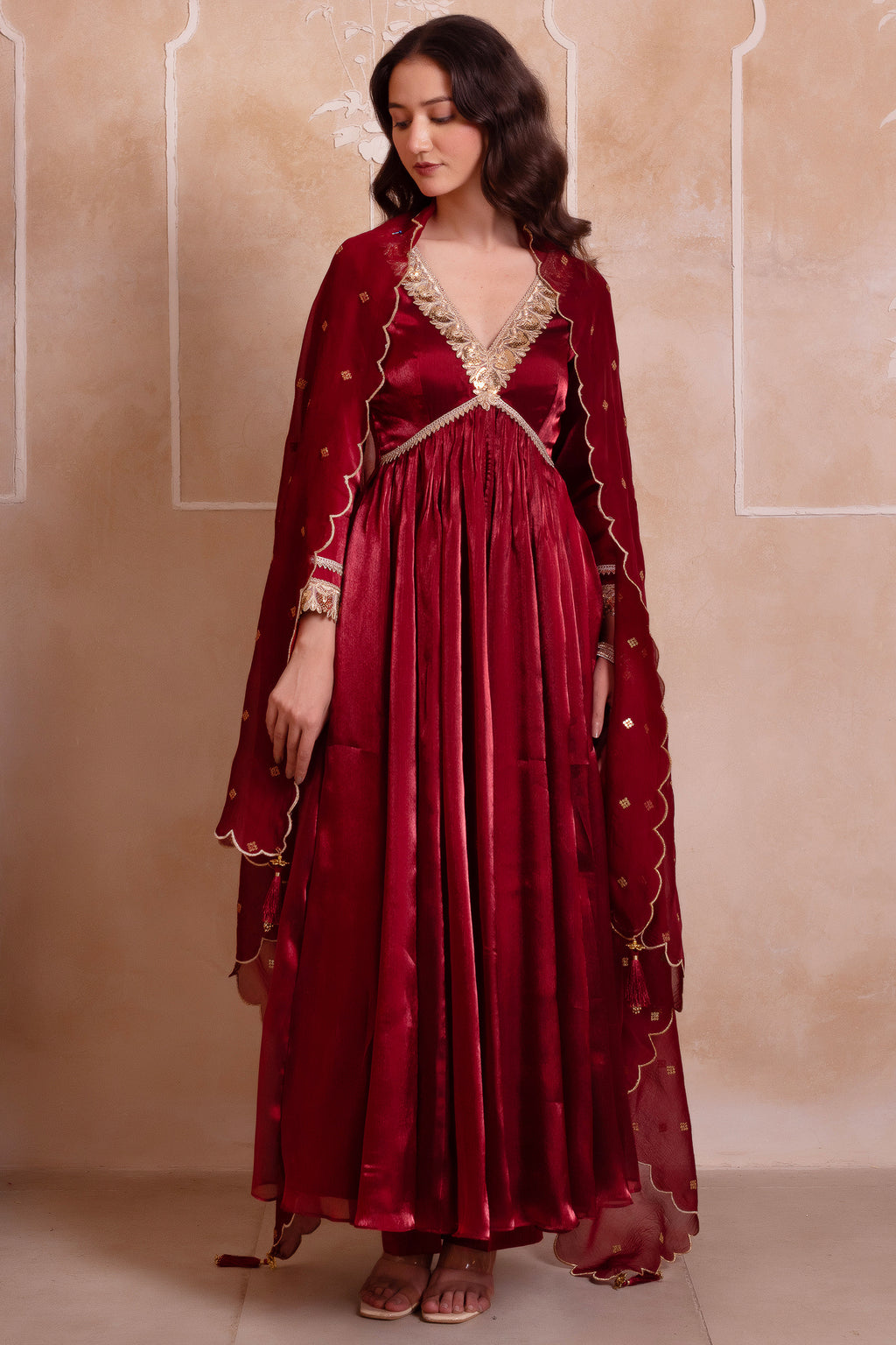 Deep Maroon Organza Embroidered Anarkali Suit