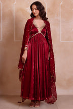 Deep Maroon Organza Embroidered Anarkali Suit