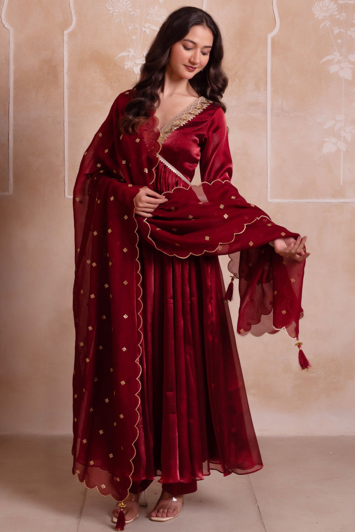 Deep Maroon Organza Embroidered Anarkali Suit
