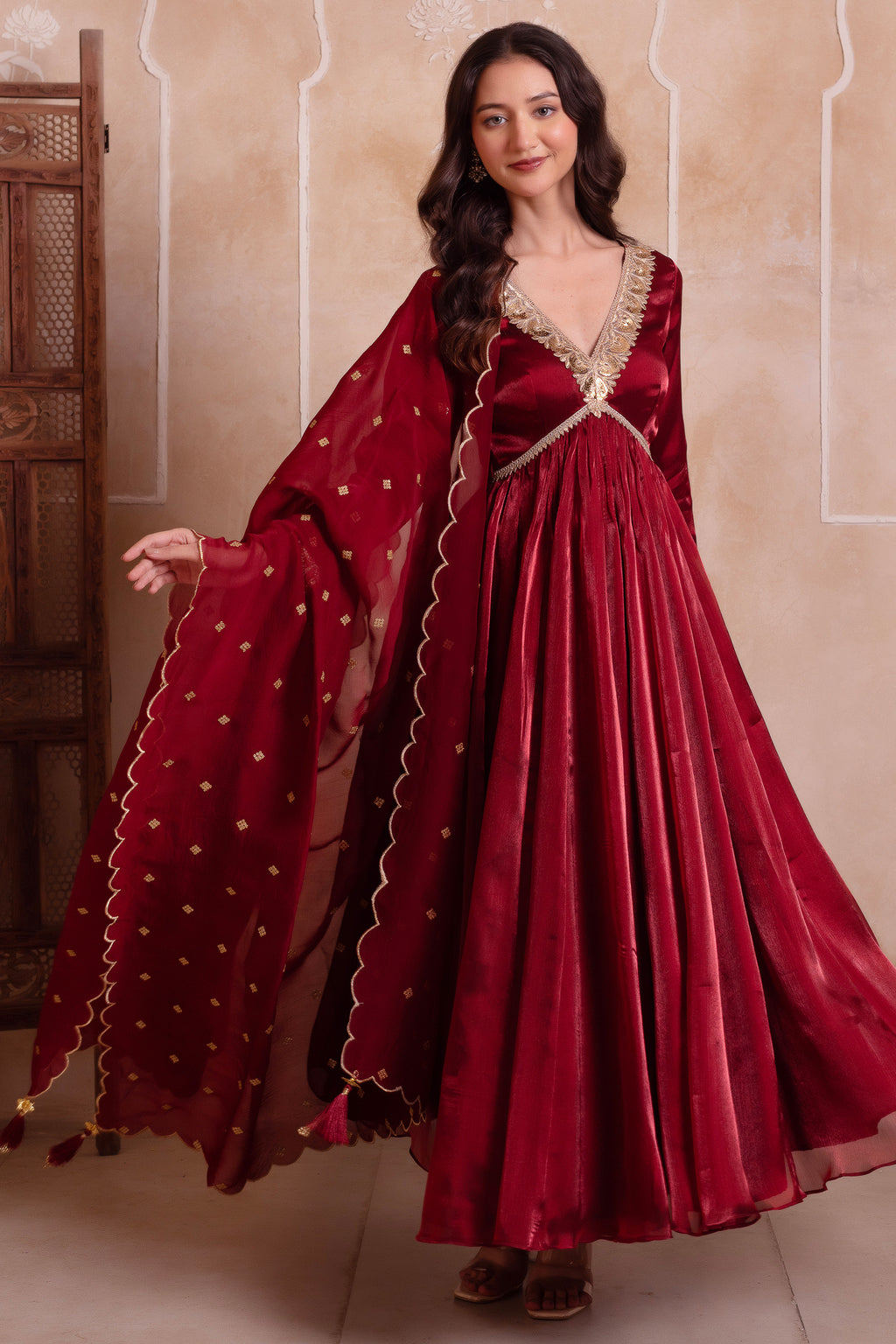 Deep Maroon Organza Embroidered Anarkali Suit