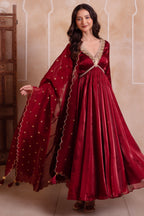 Deep Maroon Organza Embroidered Anarkali Suit