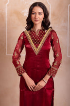 Wine Maroon Organza Zardozi Straight Suit Suit