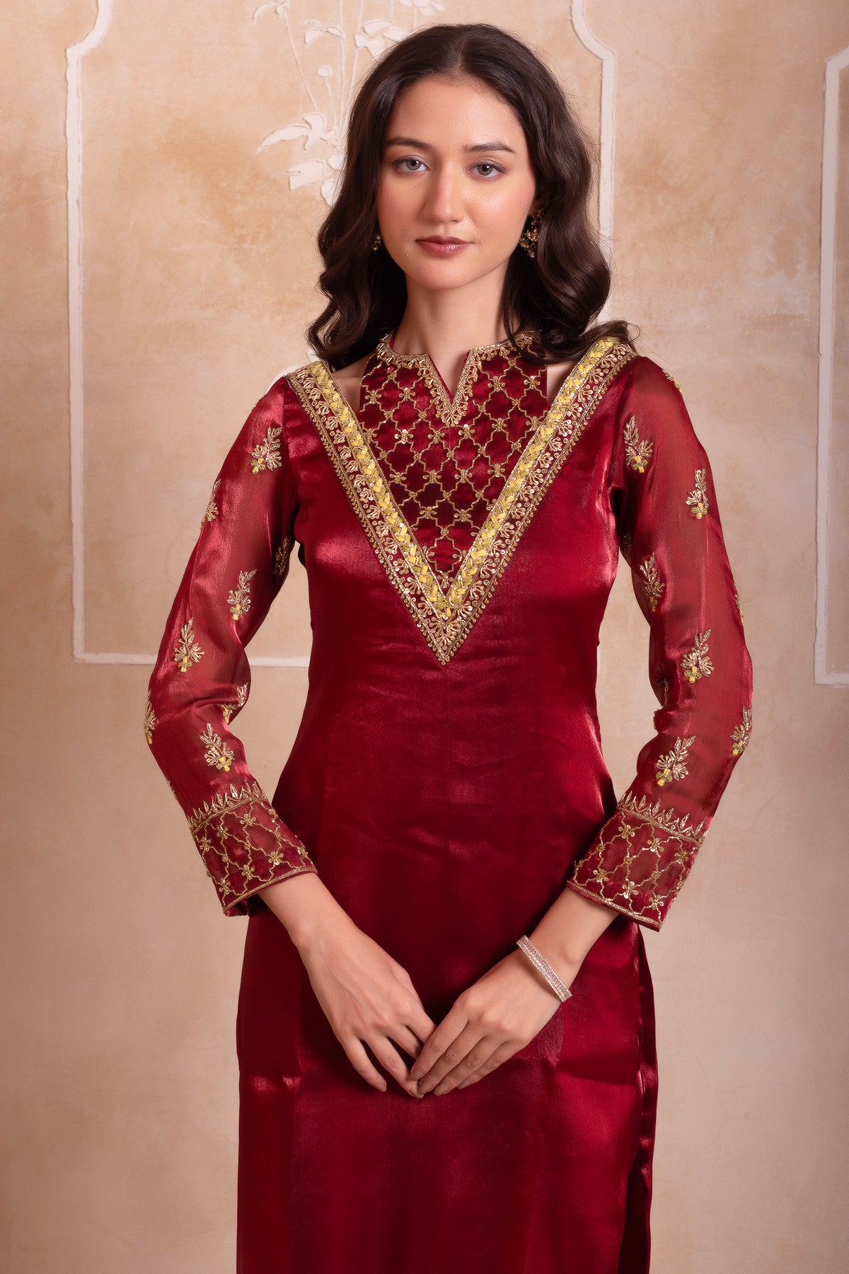 Wine Maroon Organza Zardozi Straight Suit Suit