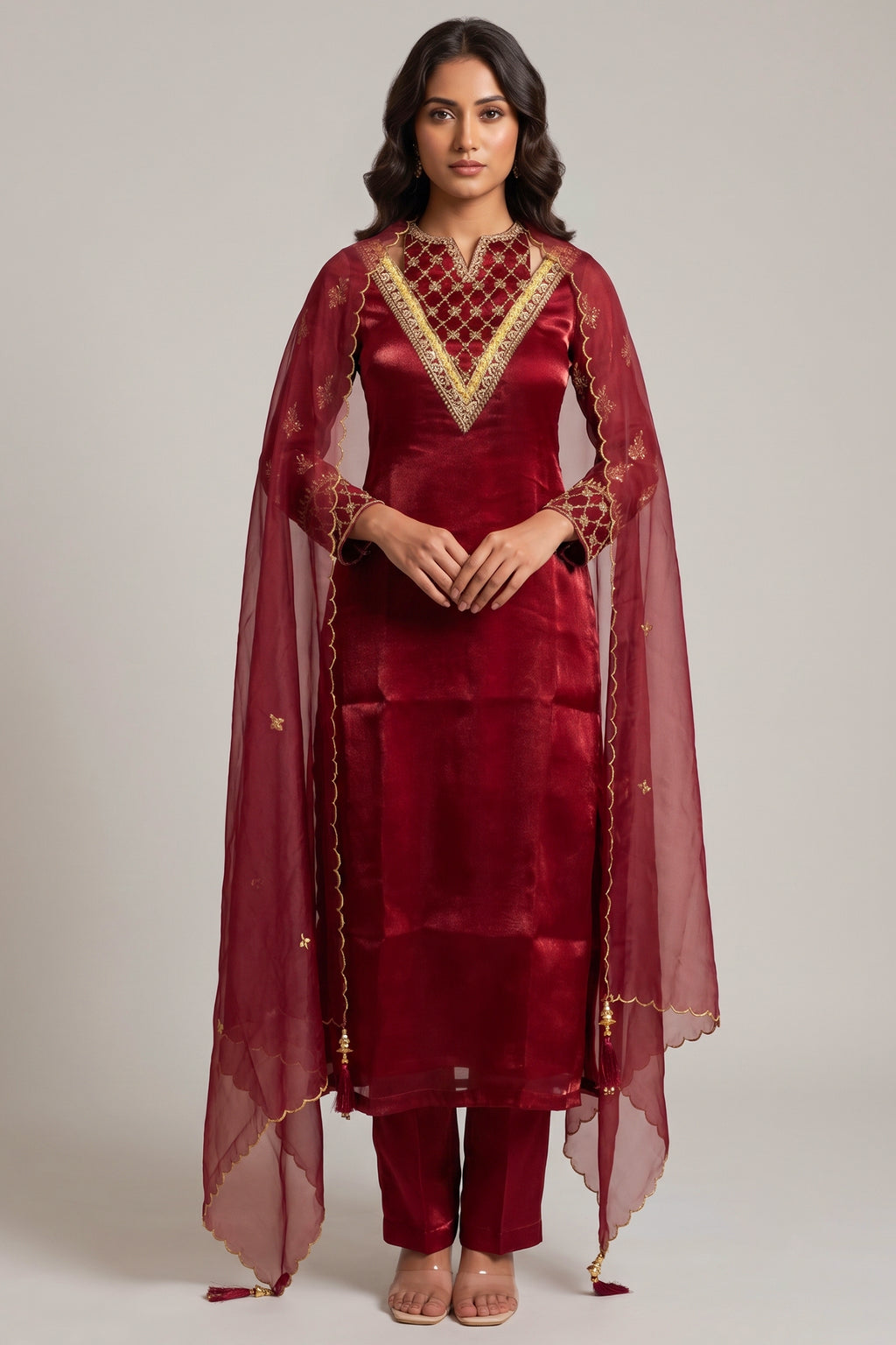 Wine Maroon Organza Zardozi Straight Suit Suit