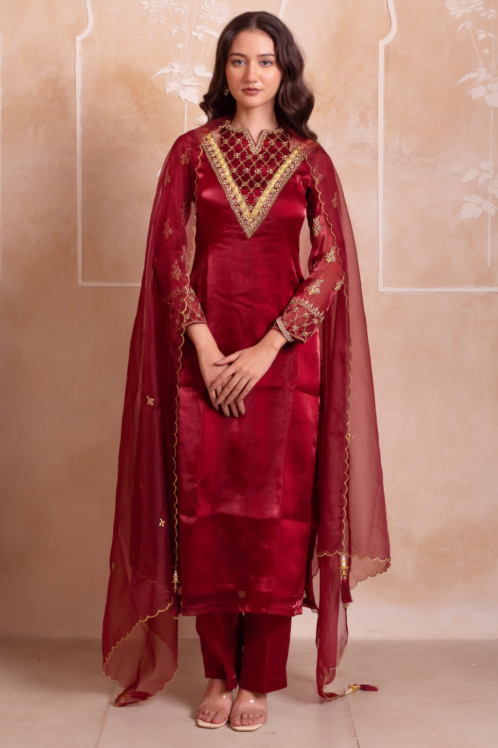 Wine Maroon Organza Zardozi Straight Suit Suit