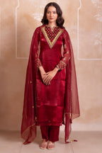 Wine Maroon Organza Zardozi Straight Suit Suit