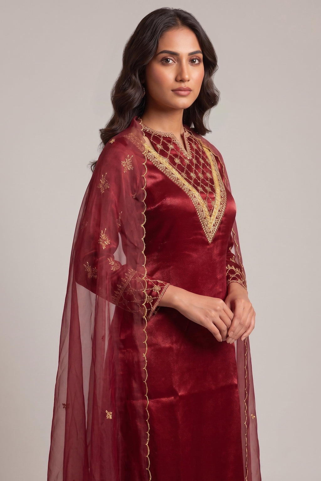 Wine Maroon Organza Zardozi Straight Suit Suit
