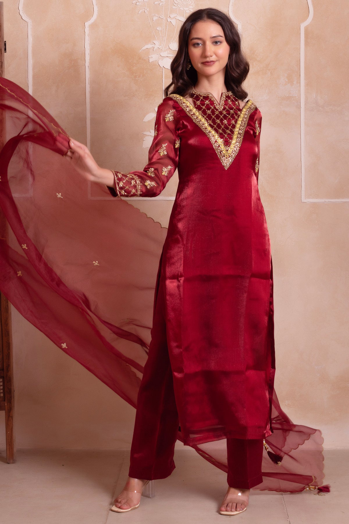 Wine Maroon Organza Zardozi Straight Suit Suit