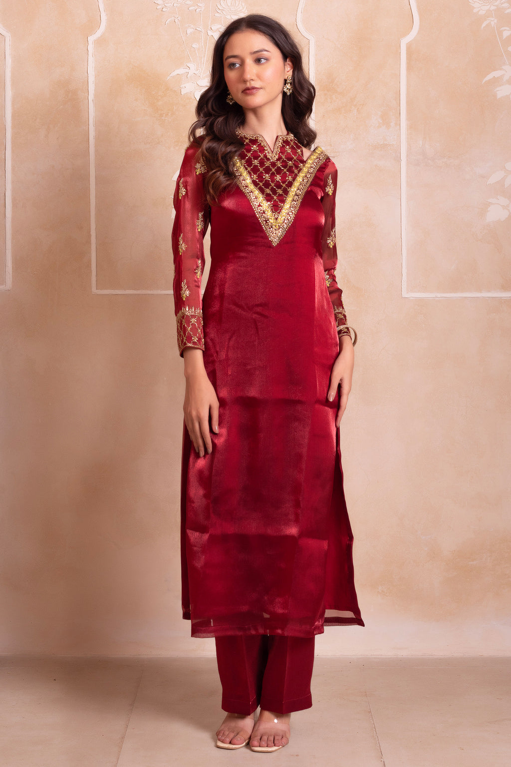 Wine Maroon Organza Zardozi Straight Suit Suit