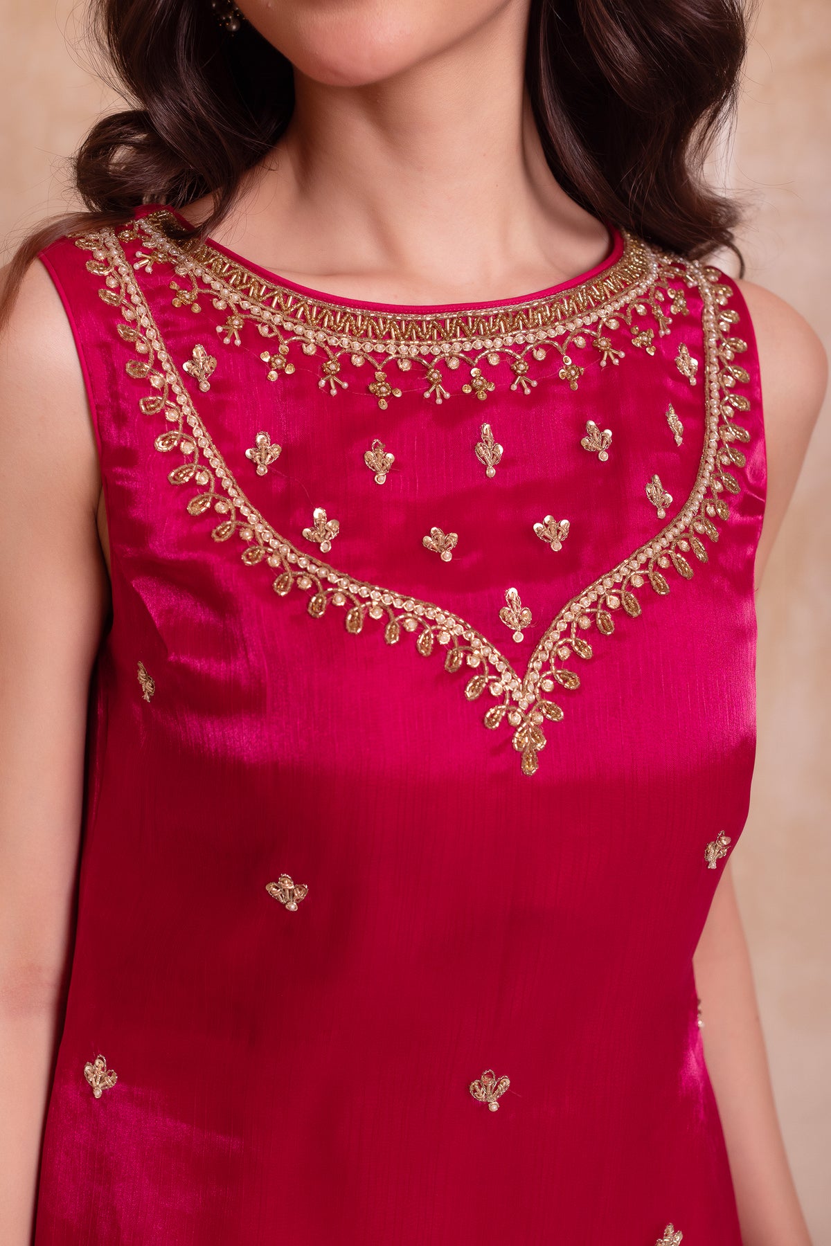 Vibrant Magenta Pink Organza Embellished Yoke Sharara Suit