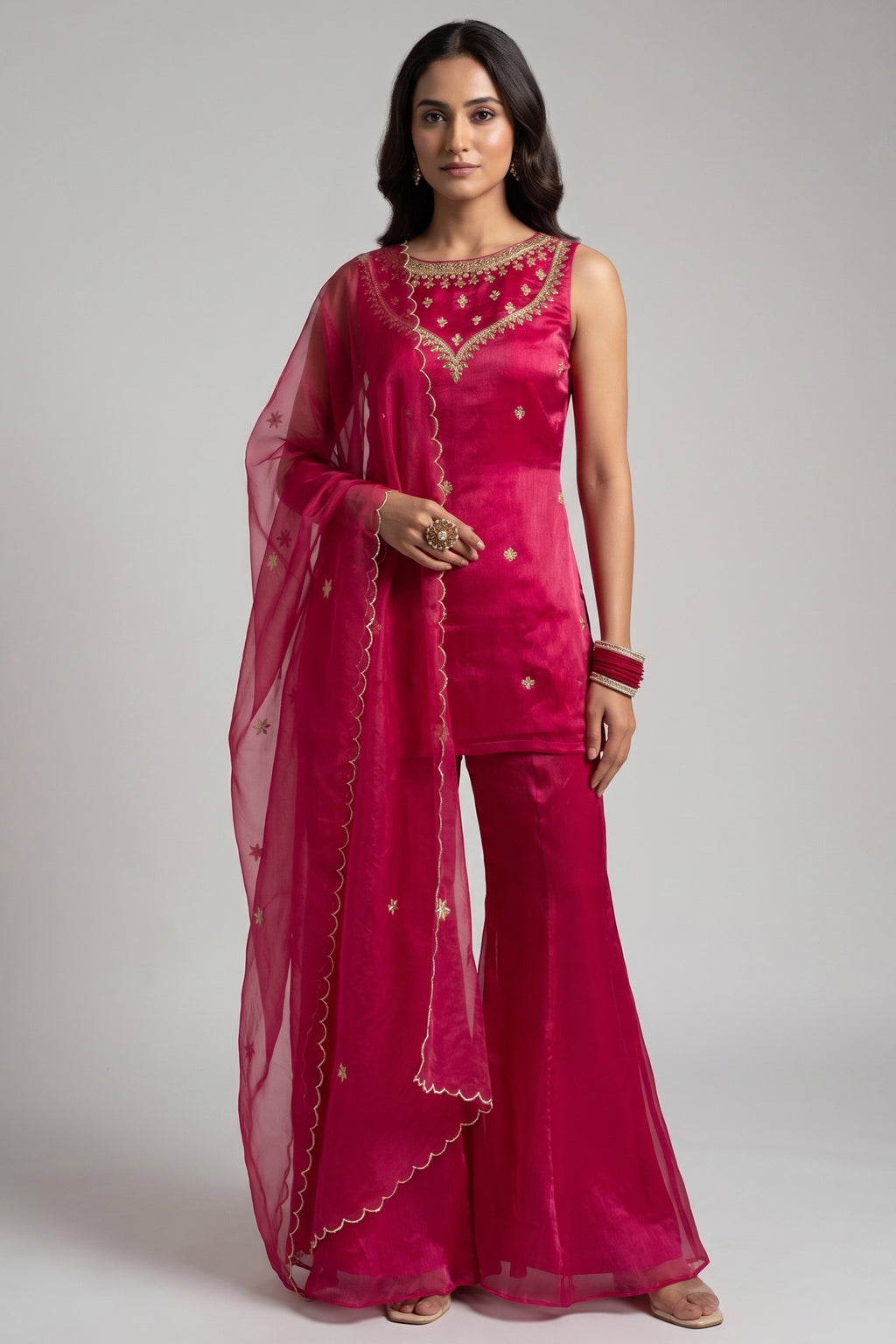 Vibrant Magenta Pink Organza Embellished Yoke Sharara Suit