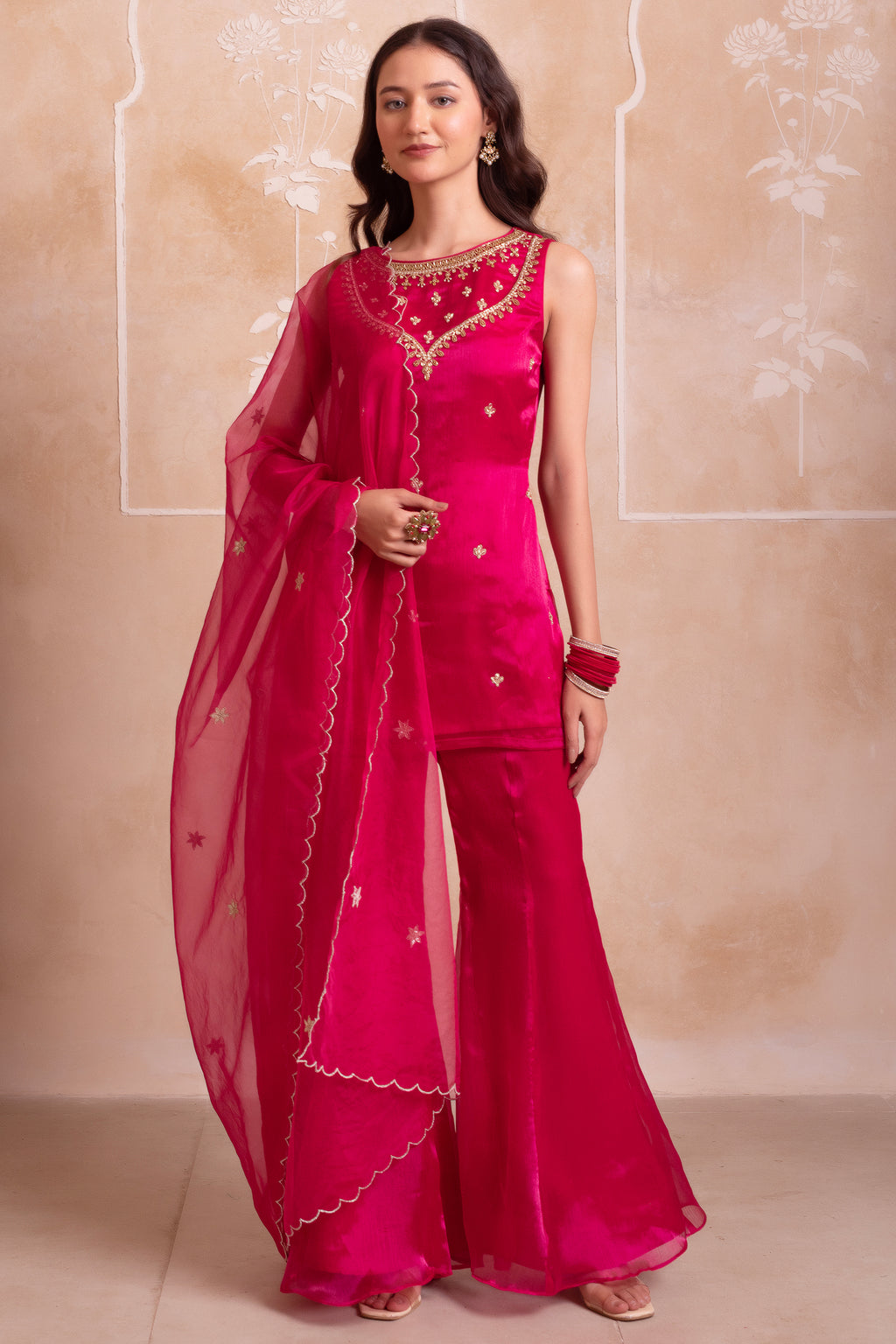 Vibrant Magenta Pink Organza Embellished Yoke Sharara Suit