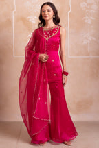Vibrant Magenta Pink Organza Embellished Yoke Sharara Suit
