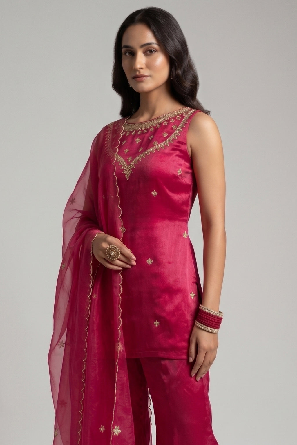 Vibrant Magenta Pink Organza Embellished Yoke Sharara Suit