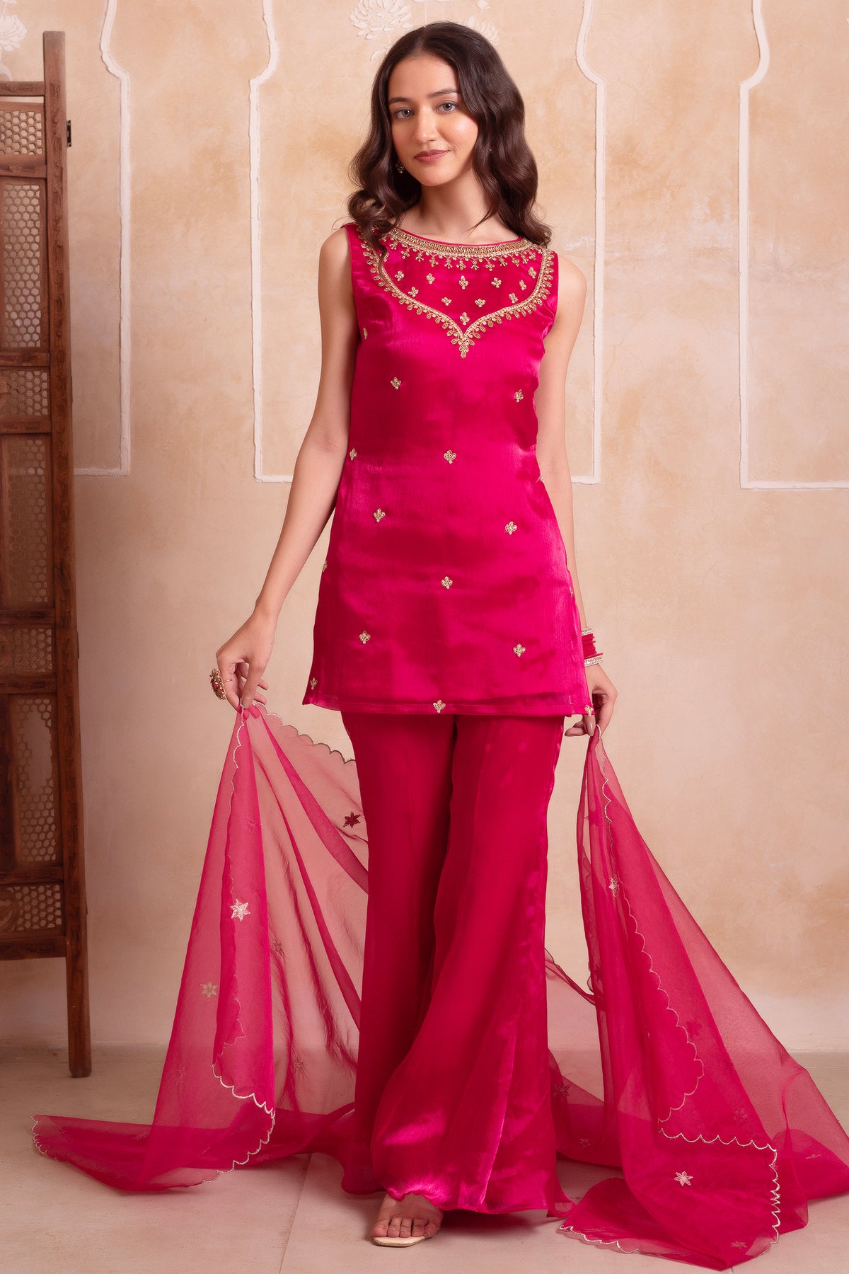 Vibrant Magenta Pink Organza Embellished Yoke Sharara Suit