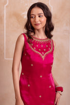 Vibrant Magenta Pink Organza Embellished Yoke Sharara Suit