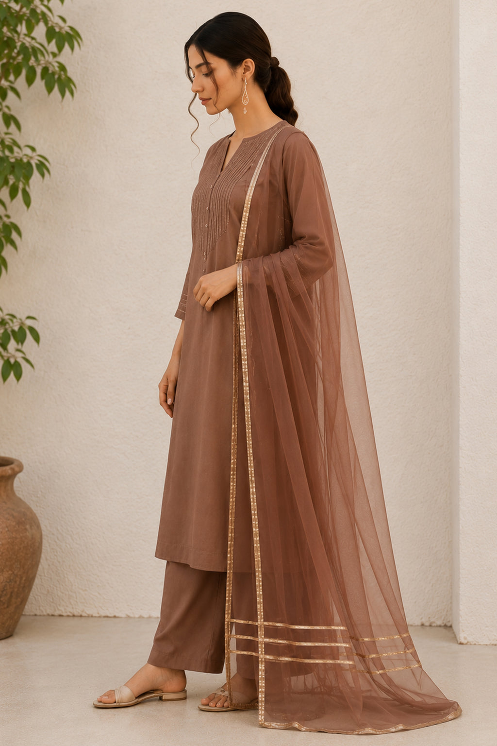 Cocoa Brown Pin Tucked Cotton Straight Cut Suit