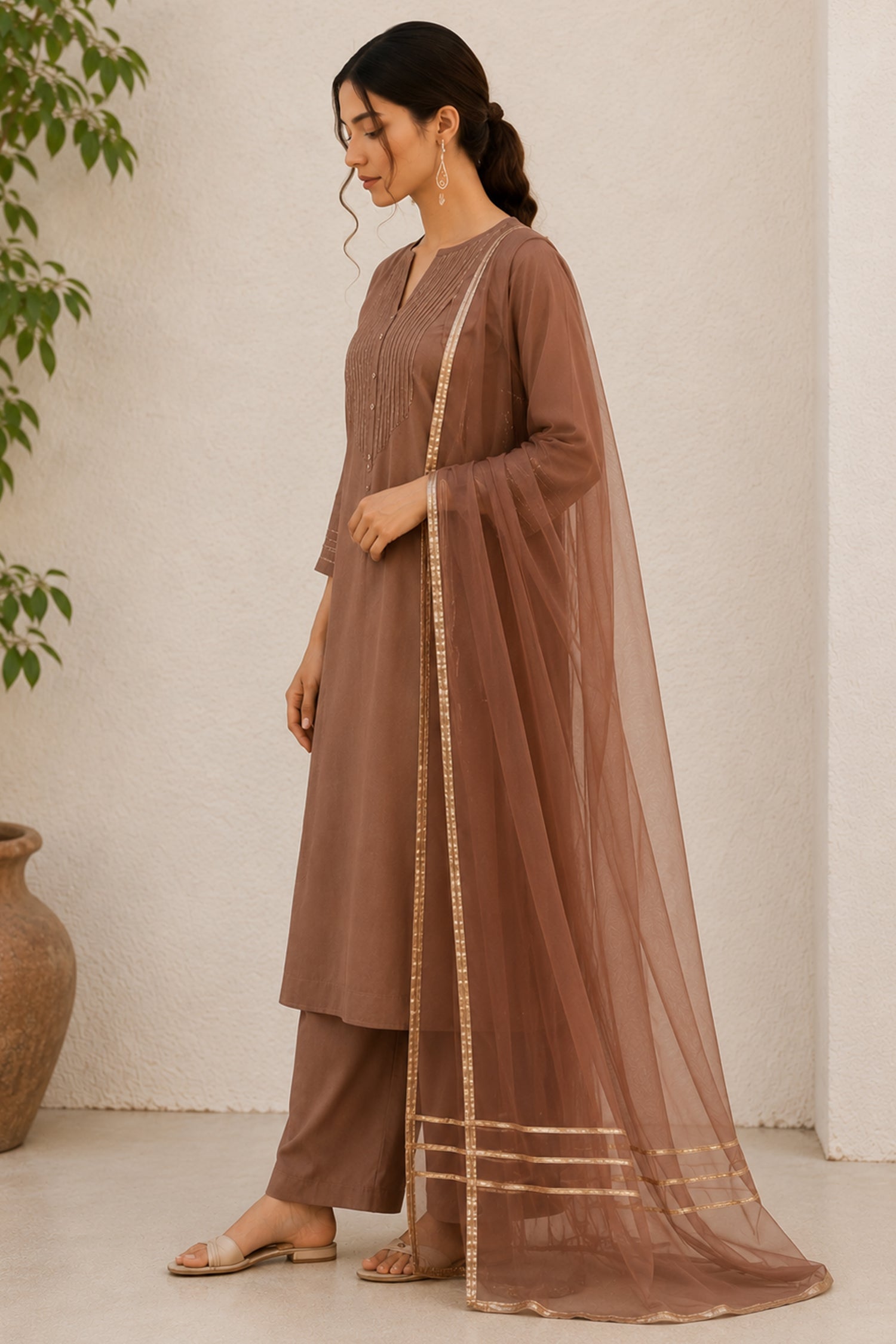 Cocoa Brown Pin Tucked Cotton Straight Cut Suit