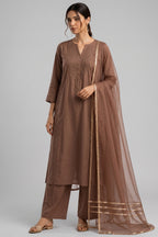 Cocoa Brown Pin Tucked Cotton Straight Cut Suit