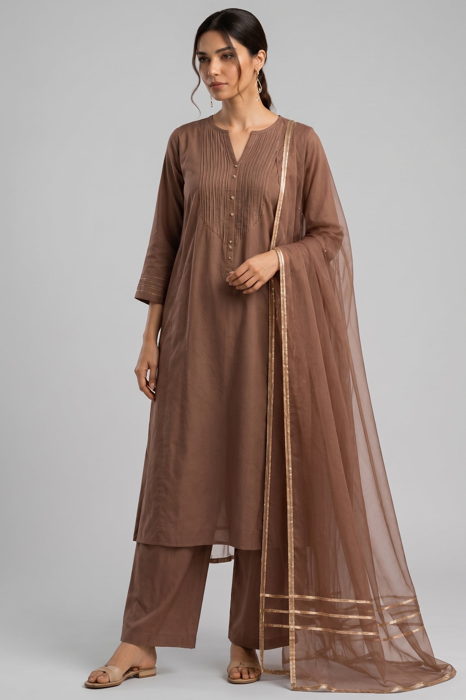 Cocoa Brown Pin Tucked Cotton Straight Cut Suit