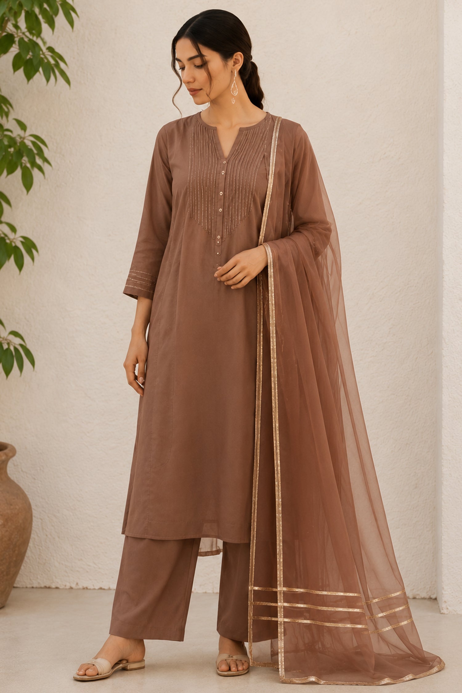Cocoa Brown Pin Tucked Cotton Straight Cut Suit