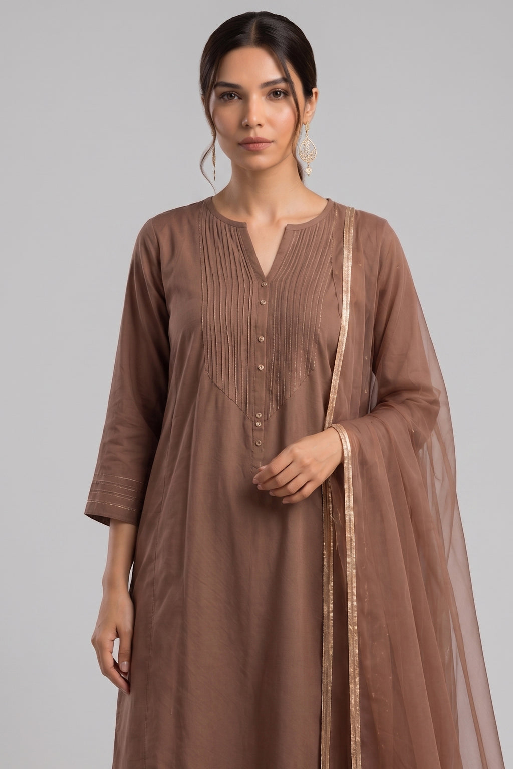 Cocoa Brown Pin Tucked Cotton Straight Cut Suit