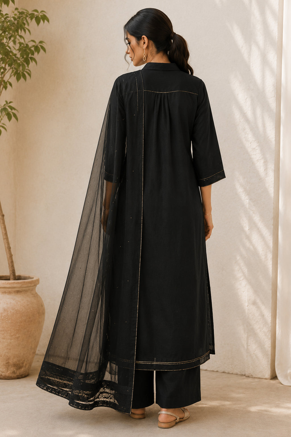 Jet Black Collared Cotton Straight Cut Suit