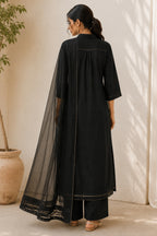 Jet Black Collared Cotton Straight Cut Suit