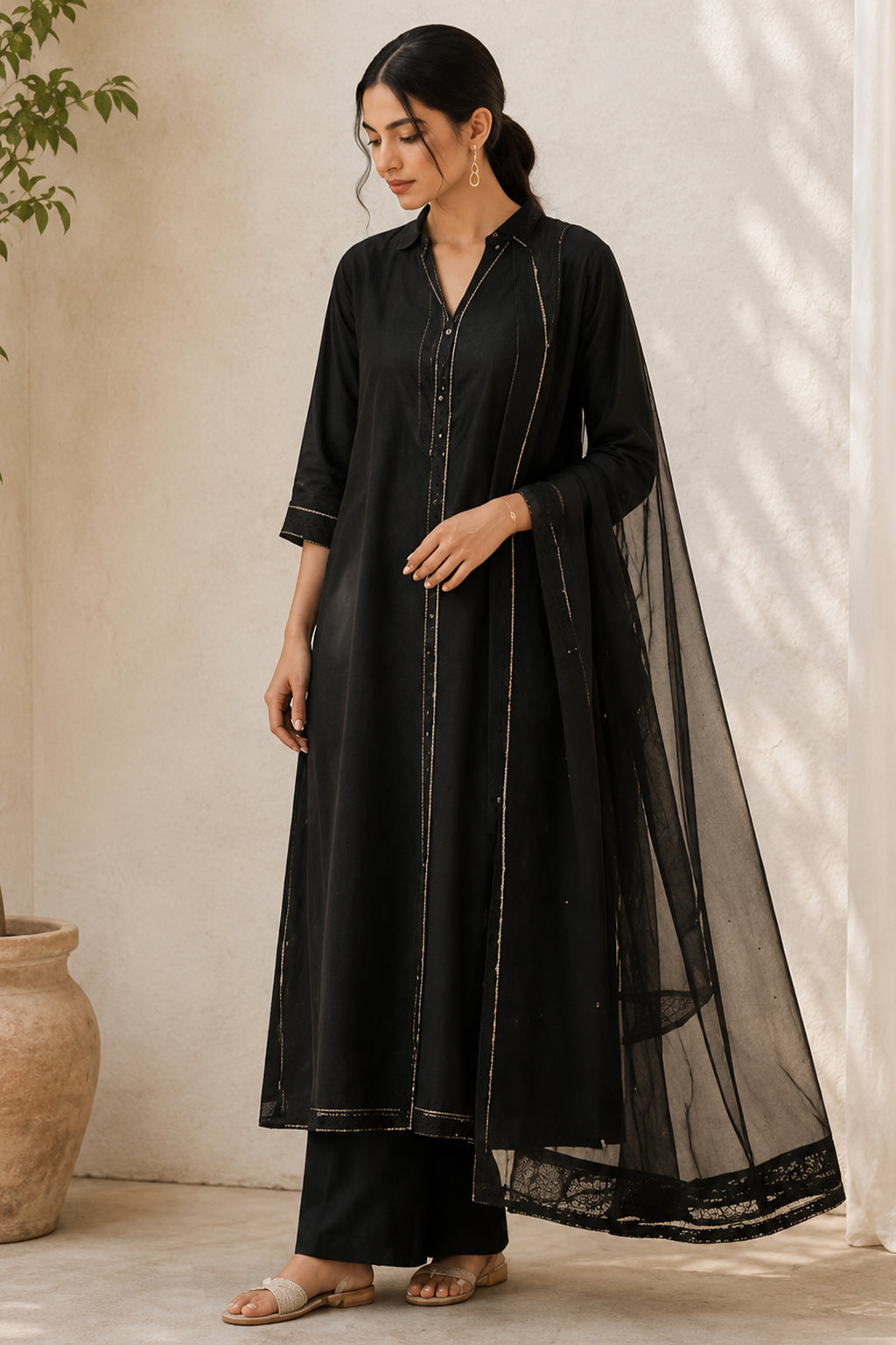 Jet Black Collared Cotton Straight Cut Suit