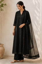 Jet Black Collared Cotton Straight Cut Suit