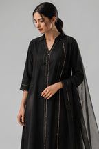 Jet Black Collared Cotton Straight Cut Suit