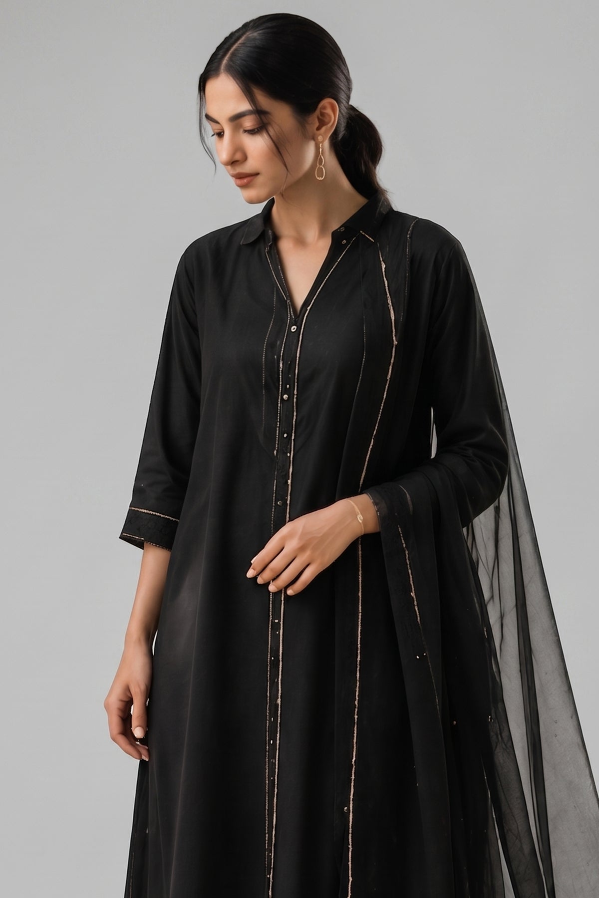 Jet Black Collared Cotton Straight Cut Suit