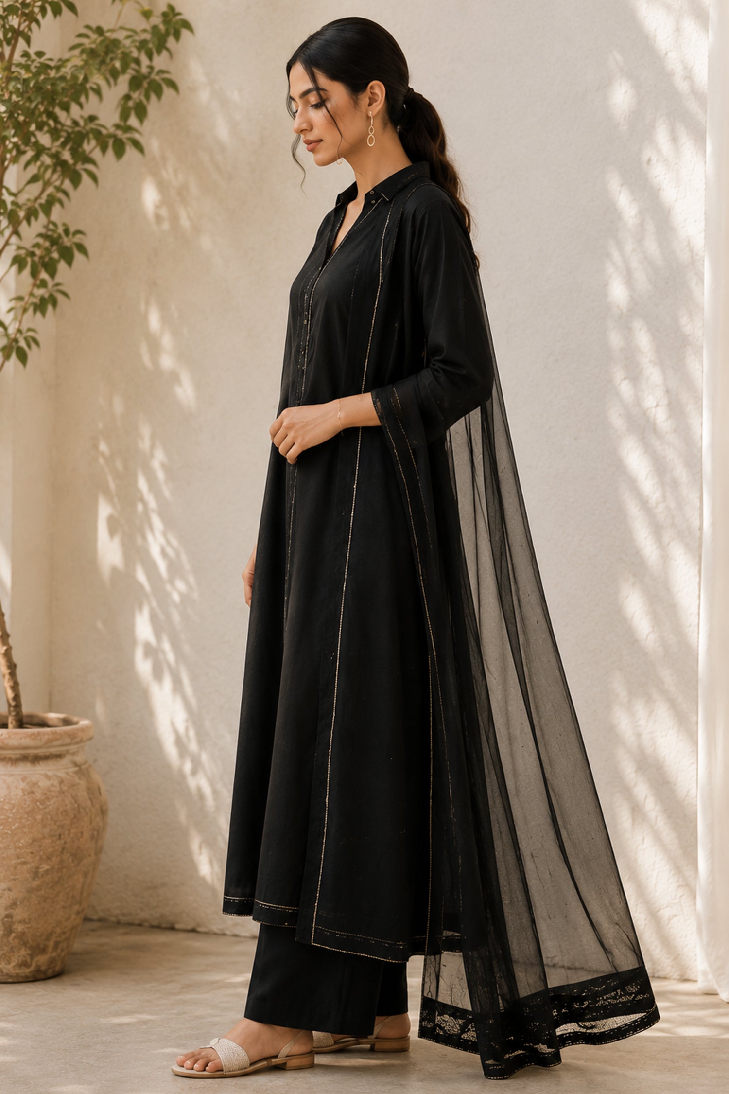 Jet Black Collared Cotton Straight Cut Suit